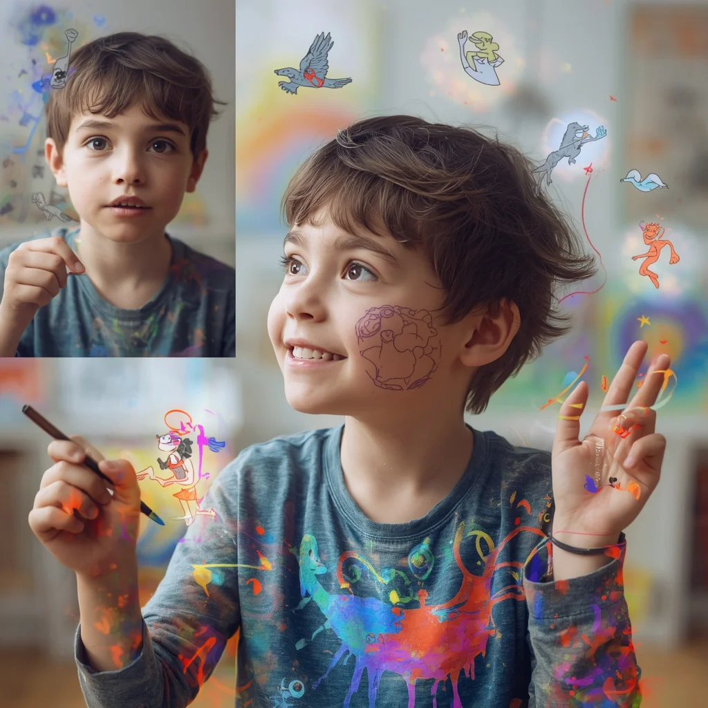 A Boy's Creative Spirit in a Collage of Floating Drawings and Vibrant Colors | Gemini AI photo prompt copy paste trending boy rose Instagram — AI image prompt