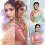 A creative collage of an Indian woman in a festive pastel saree | saree selfie ai prompt