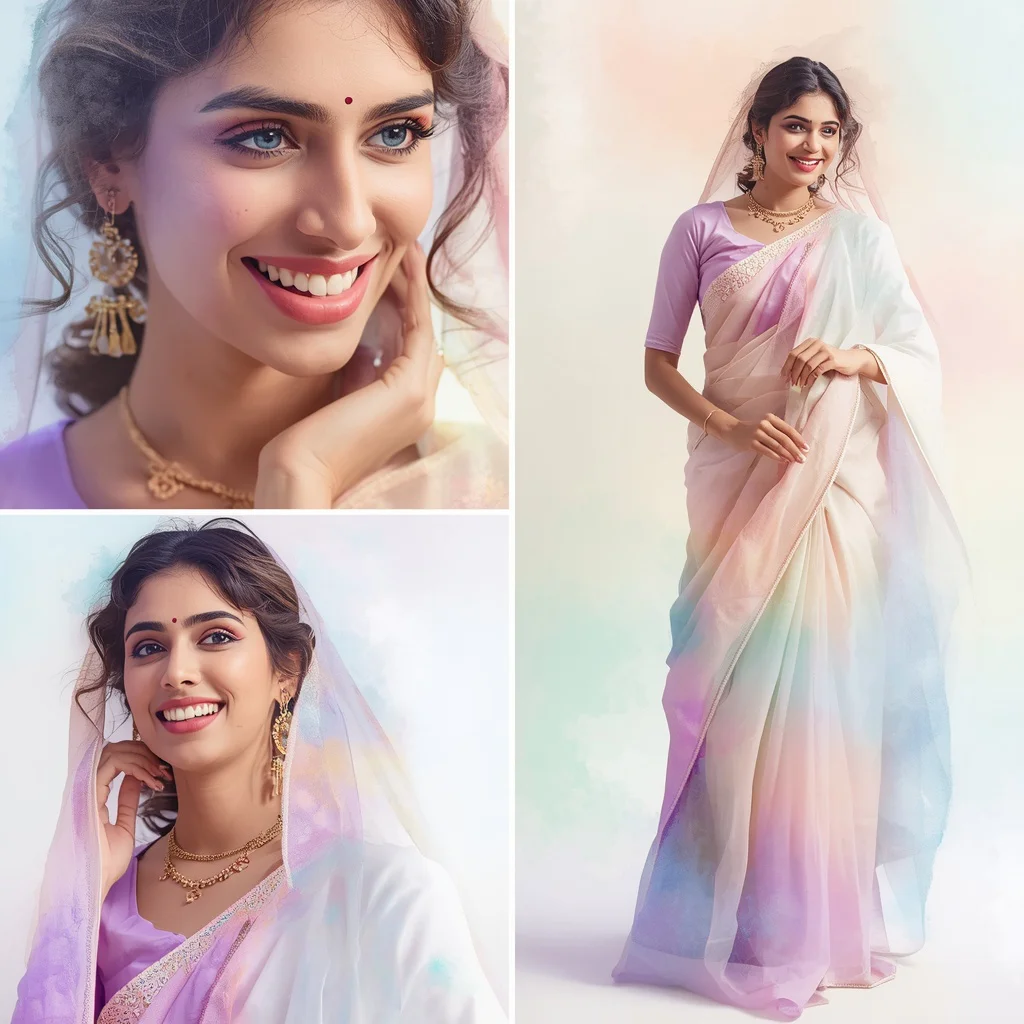 A Graceful Indian Woman in a Festive Pastel Saree with Watercolor Washes | saree instagram ai prompt — AI image prompt