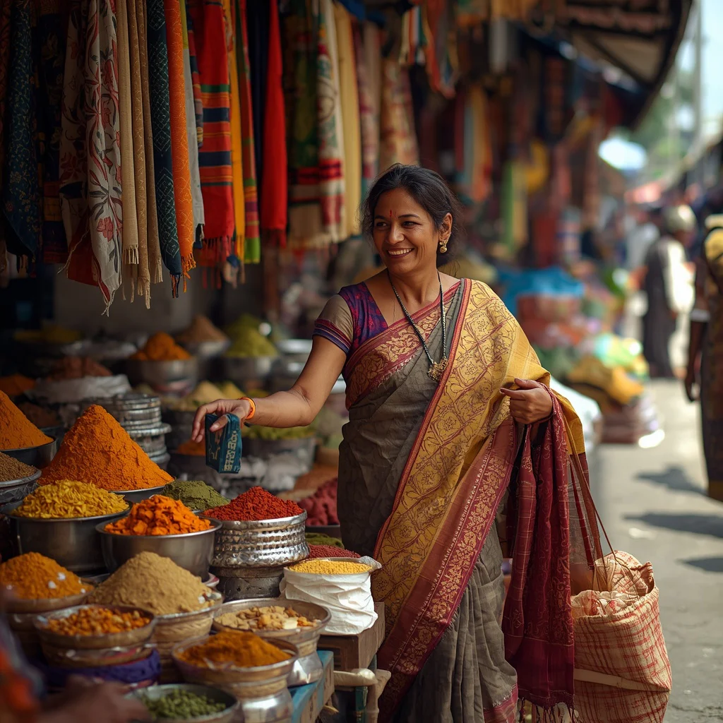 Indian Woman in Ethnic Weave Sari Shopping at a Lively Market | prompt for gemini girl in saree instagram in english — AI image prompt