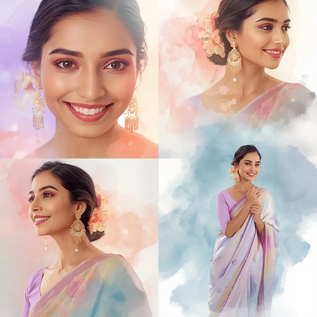 Indian Woman in Festive Pastel Saree Watercolor Dreamscape Collage | chatgpt photo editing prompts trending instagram — AI image prompt